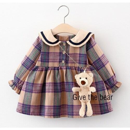 New Baby Girl Dresses Give The Bear for Fashion Princess Clothing Cute Party Cotton 0-3Y Children Long Sleeve Plaid Sweet Dress