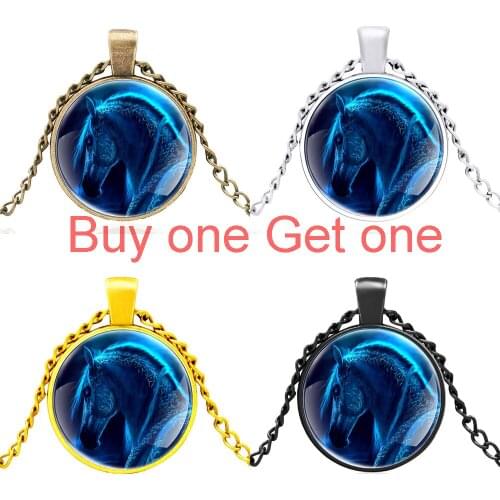 Blue Ghost Horse Design Glass Dome Charm Pendant Necklace Men Women Cool Jewelry Accessories Gifts