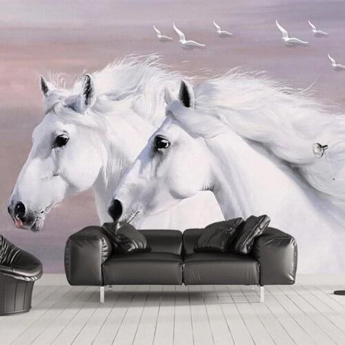 Custom Mural Wallpaper European Style Hand-painted 3D White Couple Horses Flying Birds Wall Painting Living Room Bedroom Fresco