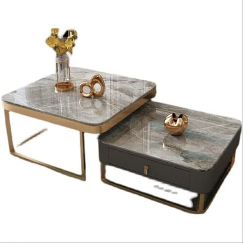 Simple glass bright rock plate size coffee table combination small living room storage telescopic square coffee table