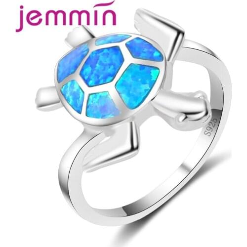 Animal Design Tortoise Shape With Blue Opal Stone Party Rings For Women Girls 925 Sterling Silver Fine Jewelry Accessorie