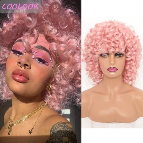 Synthetic Kinky Curly Pink Wigs for Black Women 12inch Ombre Brown Short Afro Curly Wigs with Bangs African American Cosplay Wig