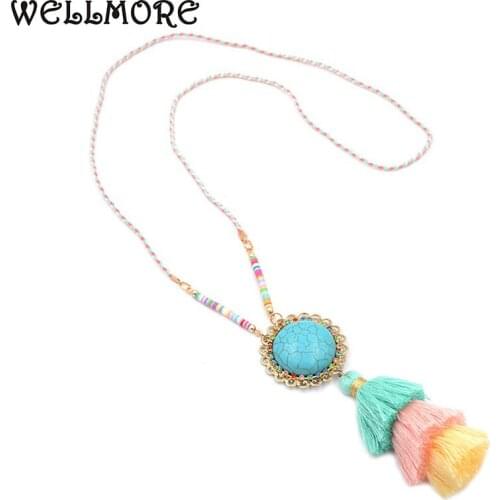 Wellmore 2017 Colorful Bohemian Tassel Statement Necklace Stone Rope chain pendant necklaces for women jewelry wholesale NE0005