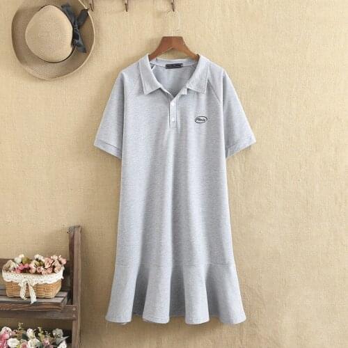 Plus Size Women Clothing Lapels Knitted Cotton Short Sleeves Knee Skirt Large Size Summer Clothes Youth College Style Dress