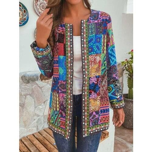 Flower Print Long Sleeve Womens Jacket Fashion Vintage Coat Tops Elegant Loose Ladies Jackets