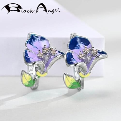 BLACK ANGEL Purple Enamel Morning Glory 925 Sterling Silver CZ Flowers Clip Earrings For Women Fashion Jewelry Wholesale