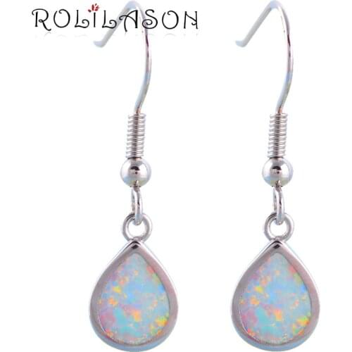 ROLILASON Stylish Water Drop Design Blue Fire Opal 925 Silver Dangle Earrings for Women Party Fashion Jewelry OE611