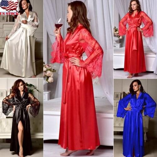 Womens Satin Casual Robe Sexy V-neck Lace Hollow Long Sleeve Solid Color Pajamas
