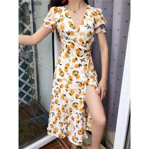 Summer French Floral Lemon Print One-piece Wrap Dress Women V-neck Yellow Platycodon Elegant Short Sleeve Girl Dresses 2021 Robe