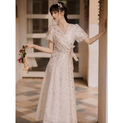 Fairy Dress Women2021 Summer French Niche Sequined Chiffon Dress Ladies Elegant Chic V-neck Puff Sleeve Gentle Wind Long Vestido