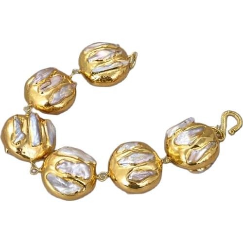 GG Jewelry 8.5" Natural White Keshi Pearl Yellow Gold Color Plated Bracelet