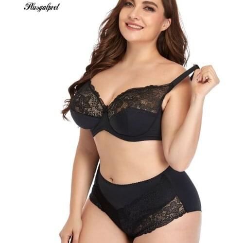 Plusgalpret Floral Lace Women Lingeries Full Cup Half-Transparent Plus Size Bra Unlined Bh Ultra Thin Female Briefs 5Xl 6Xl 7Xl