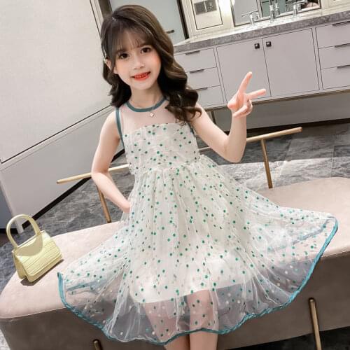 2021 Summer baby Girls Dress Clothes pink mesh lace high waist Off Shoulder Long Beach polka dot 3 4 5 6 7 8 9 10 12 13 14 years