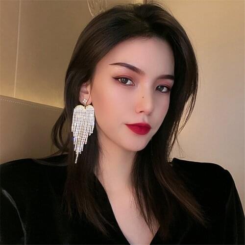 FYUAN Heart Long Tassel Crystal Drop Earrings for Women Full Rhinestone Dangle Earrings Weddings Jewelry Accessories
