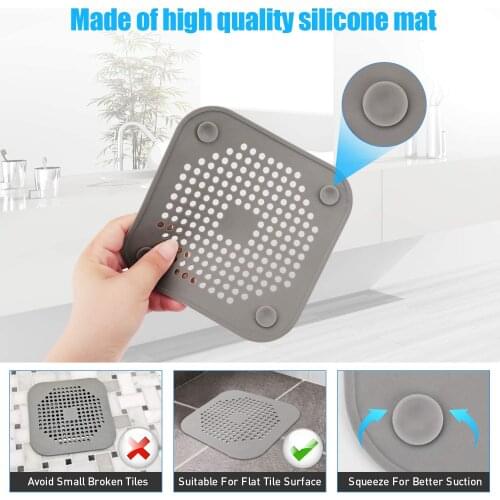 Square Drain Cover for Shower Drain Hair Catcher Flat Silicone Plug for Bathroom and Kitchen Shower Filter Drain