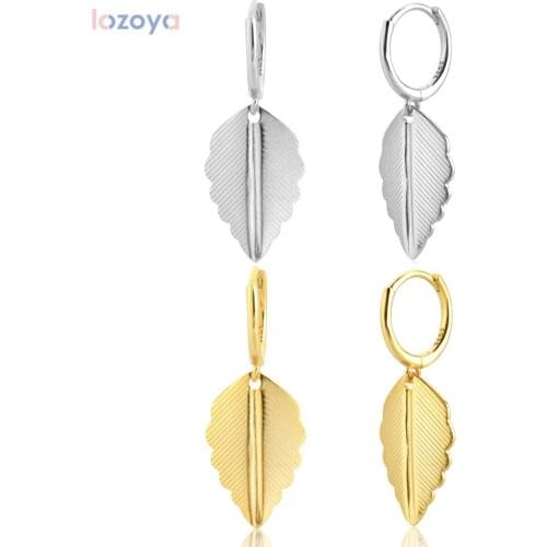 LOZOYA 925 Sterling Silver Plain Big Leafs Punk Circle Pendiente Piercing Dangle Charm Drop Earring For 2021 Rock Jewelry
