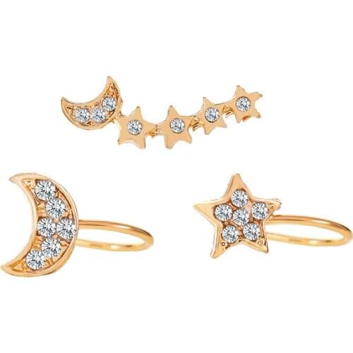 Trendy Moon Star Crystal Exquisite Clip Earrings Women Gold Color Metal Geometric Party Statement Earrings Jewelry 3pc/set