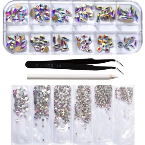 Nail Art Set Irregular Crystal Diamond Stones + AB Glass Rhinestones+Dotting Pen+Curved Black Tweezer for Nail Decoration