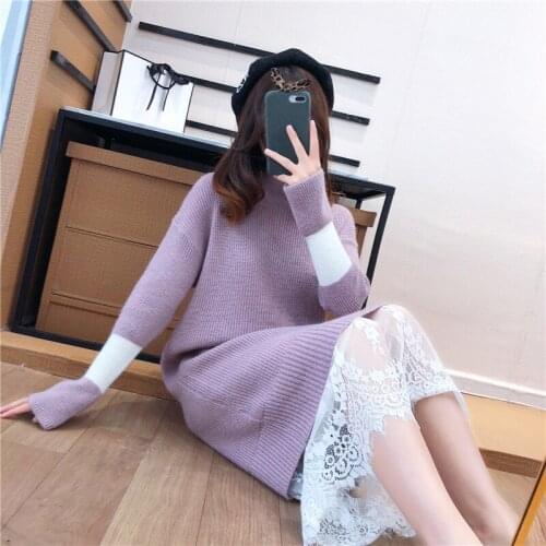 Autumn Winter Women Knitting Dress Long Sweater Tops Long Sleeve Dress Plus Size Straight Patchwork Lace Korean Style Multicolor