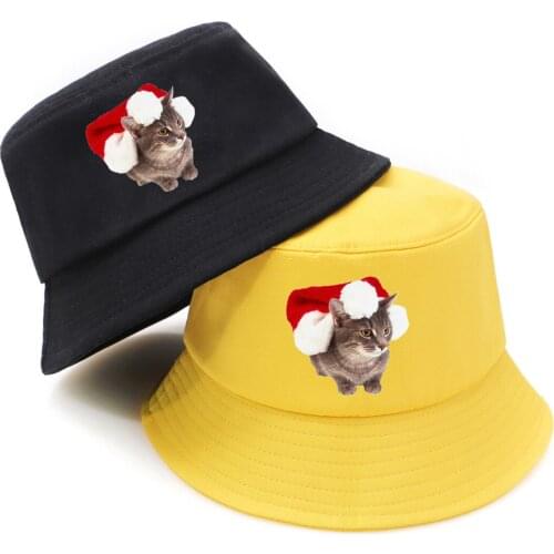 Christmas Cats Foldable Bucket Hat Male Outdoor Womens Fishing Hats Autumn Hip Hop Top Bucket Caps Fashion Yellow Panama Chapeu