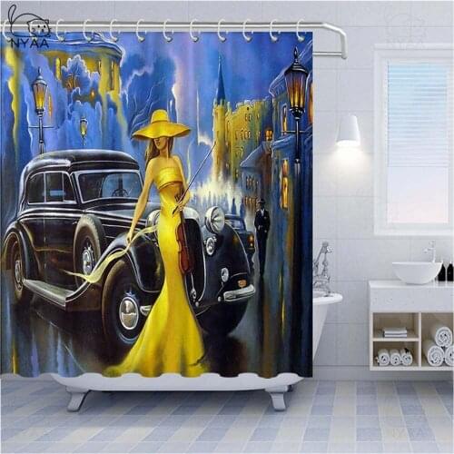 Retro Vintage Car Shower Curtains Waterproof Bathroom Curtain Cool Old Newspaper Bath Curtain Funny Shower Curtain With Hooks