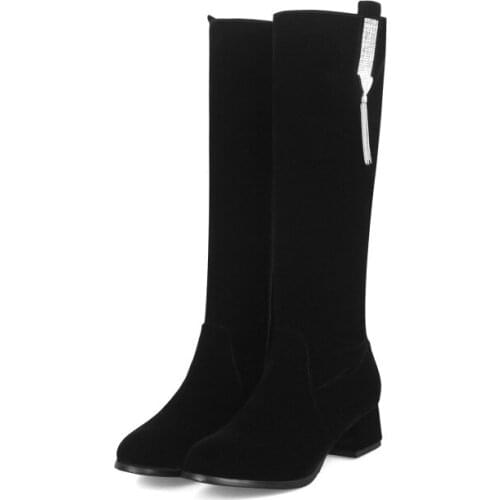 Big Size 9 10 11 Round head pure salad zipper water drill fringed thick-heeled boots