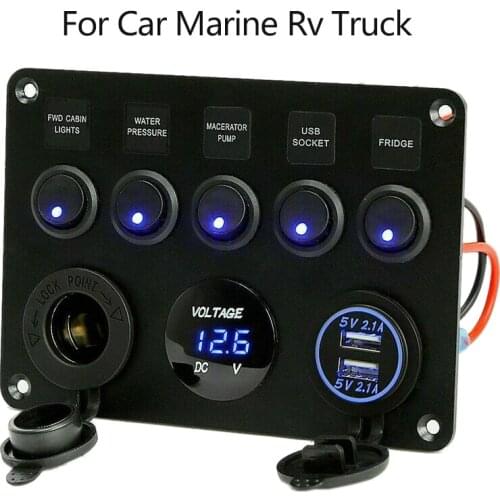 5 Gang Car Marine Boat LED Rocker Switch Panel Waterproof Circuit Digital Voltmeter Dual USB Port 12V Outlet for Car Marine Rv
