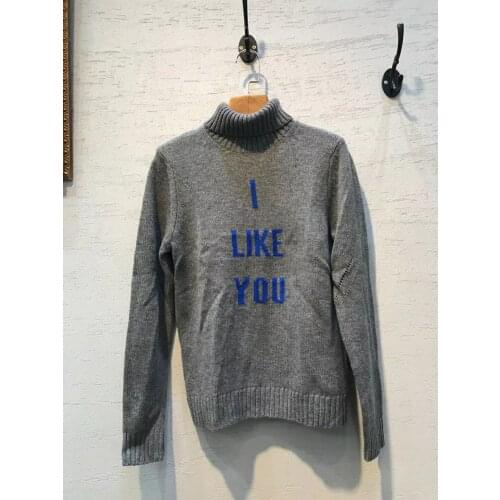 Woman gray high Neck High Oversized cashmere Sweater Front Jacquard Drop Shoulder Long Sleeves Jumper