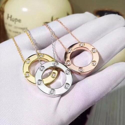 Vintage Ladies Girls Titanium Steel Cubic Zirconia Love Evening Party Femme Round Charm Chain Choker Necklace Jewelry