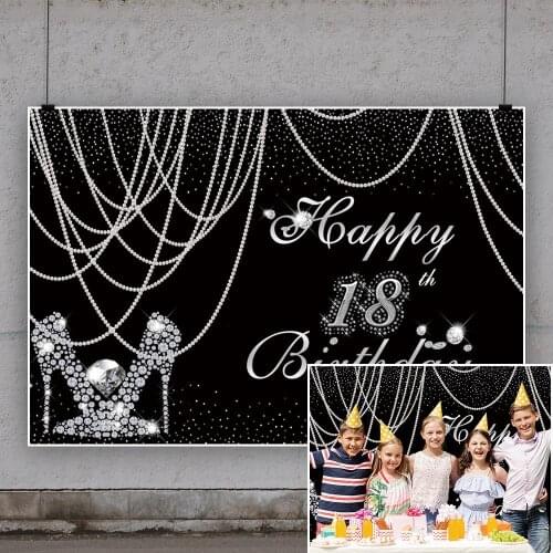 Shining Diamond High Heels Light Spot Black Background 18-60th Ladies Birthday Party Decoration Photography Photo Vinyl Backdrop