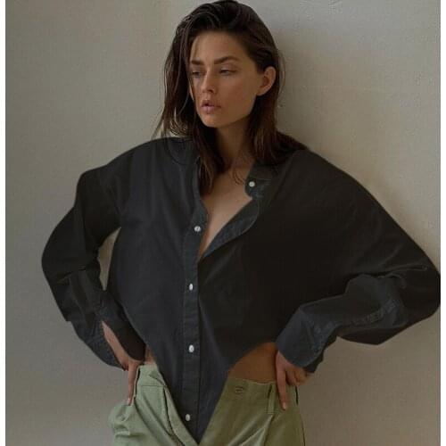 2021 Spring Autumn Streetwear Solid Shirts Elegant Casual Women Shirt Long Sleeve Asymmetric Button Cropped Top Blouse