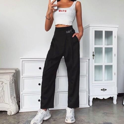 Womens Pants Black Suit Pants Office Ladies Straight High Waist Loose Pant Female OL Trousers Streetwear Women Cotton