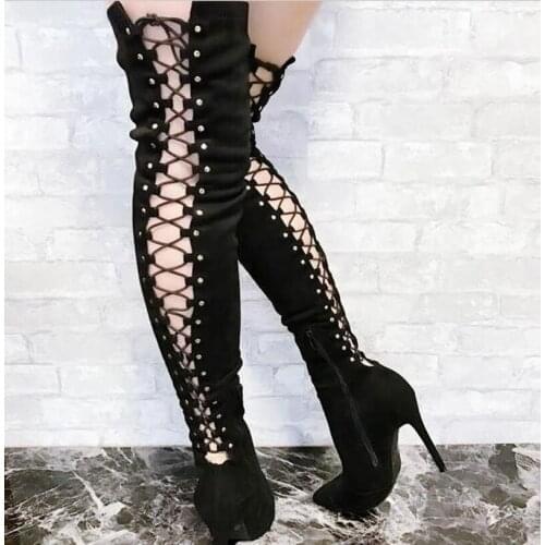 New Fashion Women Fashion Pointed Toe Suede Leather Lace-up Over Knee Gladiator Boots Back Cut-out High Heel Long Boots