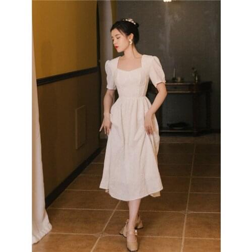 Robe Femme Jacquard Pearl Hight Waist Princess Dresses White Square Neck Elegant Puff Sleeve Maxi Dress Summer