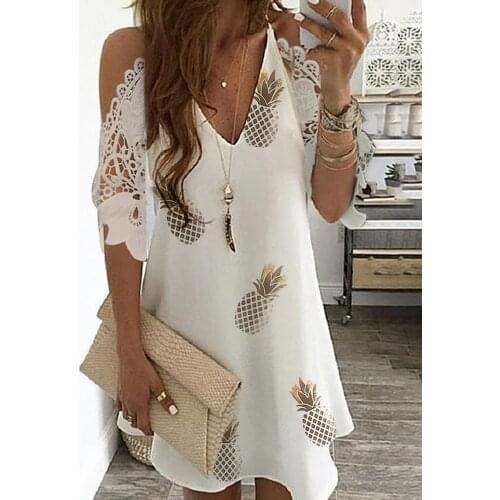 2020 Women Fashion Summer Pineapple Print Cold Shoulder Crochet Lace Dress