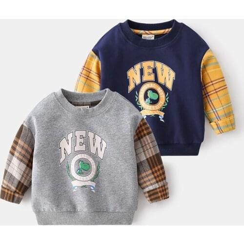 2021 Kids Spring Fashion Sweatshirt Boys Cartoon Letter Print O-neck Pullover Tops Patchwork Plaid Sleeve Hoodies Sweatshirts