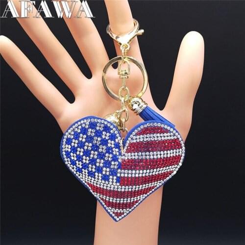 2021 Fashion Heart American Flag Crystal Keychain for Women Tassel Gold Color Key Accessories Jewelry llaveros mujer N7581S01