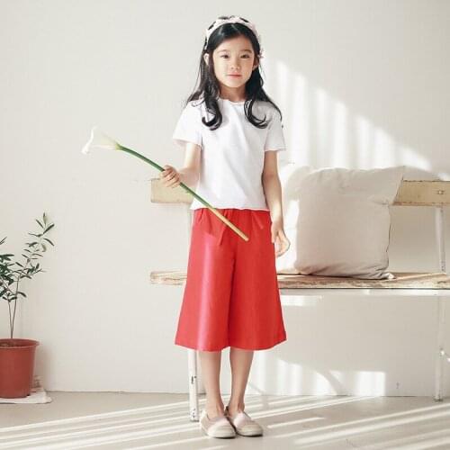 Girls nine pants VYU 3~14Y 2020 summer girls solid color wide leg pants loose pants 3 color cotton casual childrens clothing