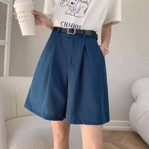 Suit Shorts 2021 Summer New Loose Casual High Waist Slim Wide Leg Shorts Girls Streetwear Sets Shorts Plus Size Solid Black Pant