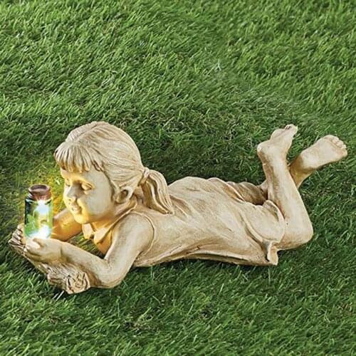 Boy and Girl Garden Statue with Solar Firefly Decoration Resin Whimsical Flower Bed Yard Outdoor Sculptures Decoration Home Deco