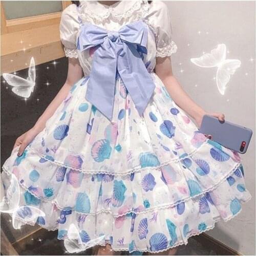 Sweet princess lolita strap dress vintage falbala high waist printing victorian dress kawaii girl gothic lolita cosplay loli