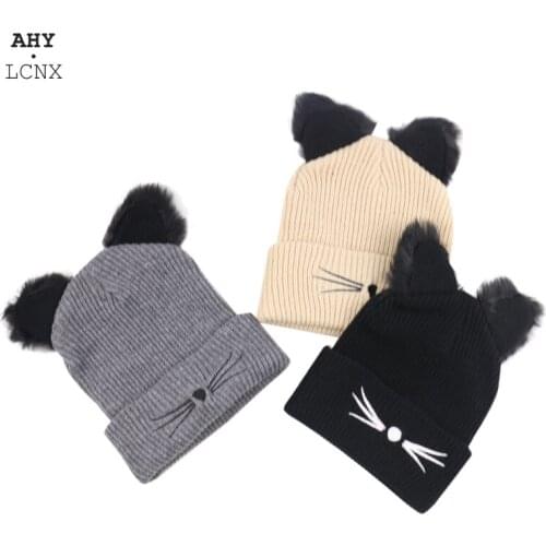 Fashion Winter Womens Knitted Hat With Embroidered Cat Ear Warm Beanies Cap for Women Warm Knit Crochet Beanies Wool Skull Cap