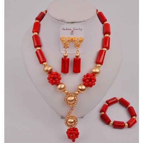 Nigeria Classic Red Natural Coral Necklace Jewelry African Wedding Bridal Wedding Jewelry Set Free Shipping AU-133