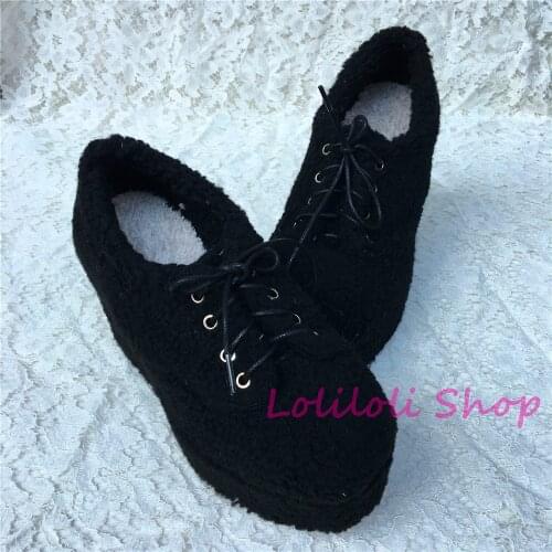 Princess sweet gothic lolita shoes Lolilloliyoyo antaina shoes custom thick bottom black Sheep suede flat platform shoe an9618-5
