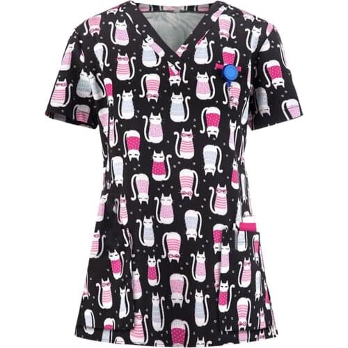Plus Size 3xl Cute Nurse Uniform Scrubs Women Short Sleeve V-neck Tops Working Uniform Cartoon Print Blouse Nurse Accessories