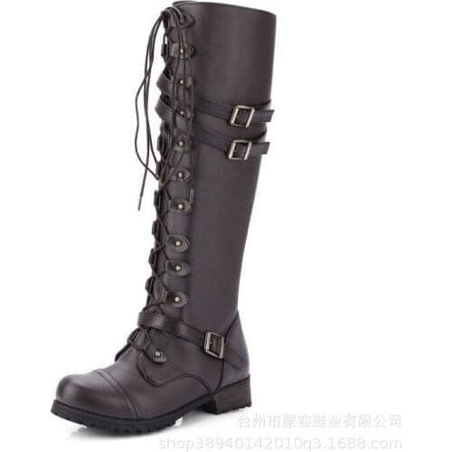 Boots 2021 large womens shoes new autumn and winter boots round head rivet solid color belt buckle square root Knight boots