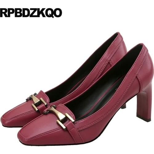 Retro Medium Heels Square Toe 2021 Spring Fashion Women Pumps Block Wine Red Autumn 12 44 High Big Size Metal 11 43 Shoes 33