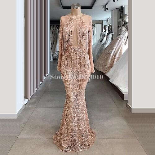 Turkish Illusion Mermaid Evening Dress Floor-Length Beading Sequined Prom Dress Middle East Formal Dress With Tassels Dubai