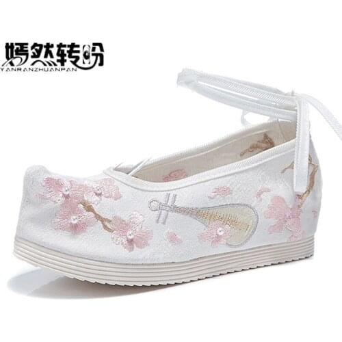 Women Cotton Flat Ladies Ankle Strap Comfort Casual Flats Retro Floral Chinese Lute Embroidered Increase Heel Shoes Woman