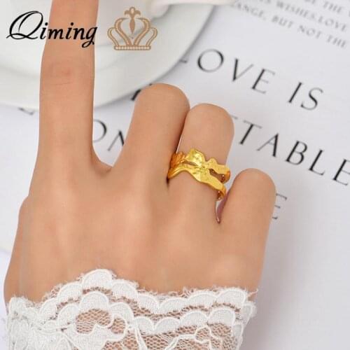 QIMING Metal Gold Color Double Layer Geometric Rings For Female Women Korean Wave Style Vintage Jewelry Gift